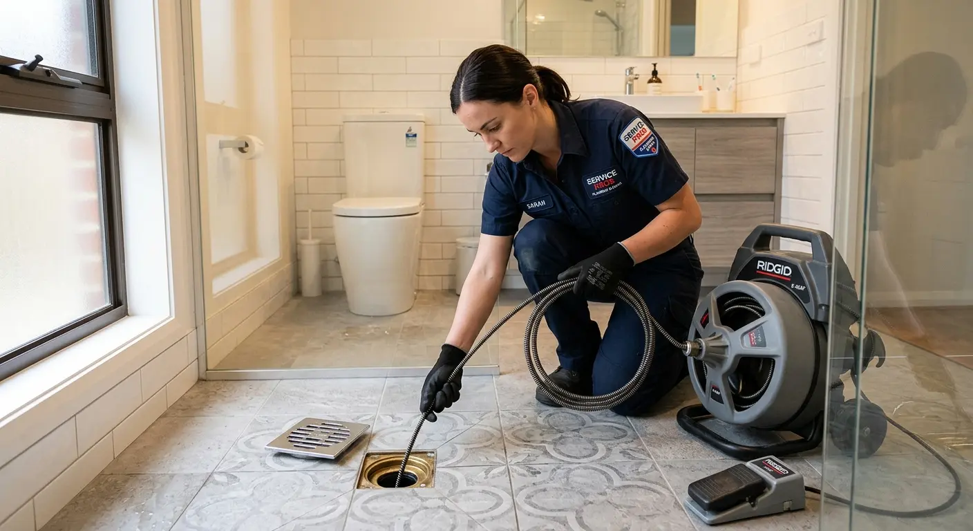 Technician clearing a bathroom floor drain for Drain Cleaning in Taneytown